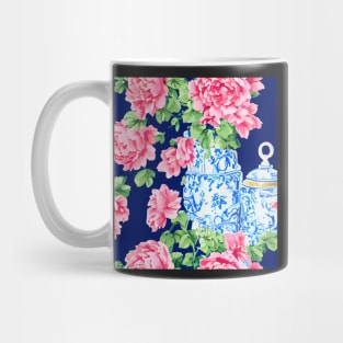 Roses in chinoiserie jar on navy blue background Mug